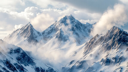 Fototapeta premium Glistening snow-covered ridges tower sharply against a backdrop of soft, swirling clouds. The rugged terrain reveals the raw beauty of winter's chill in this stunning mountainous landscape