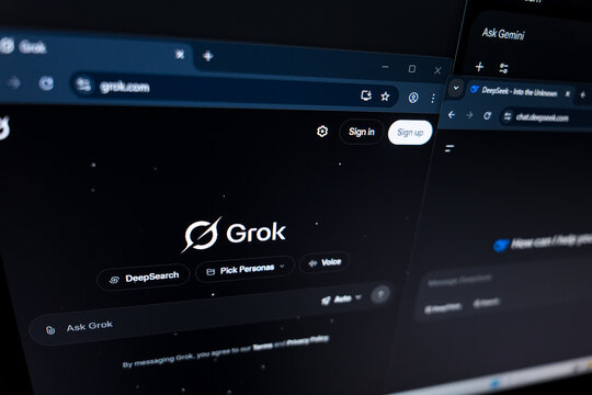 Grok AI website interfaces on computer screen