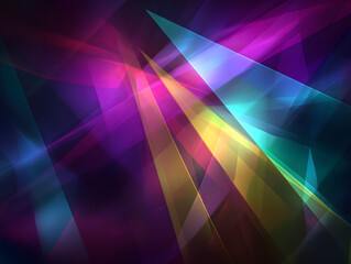 abstract background with colorful light rays and geometric shapes creating a deep rainbow spectrum illusion in dark space