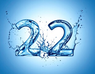 Number 22 sculpted from water, set against blue background