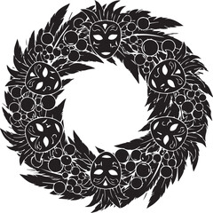 Ornate black wreath with skulls and feathers on white background