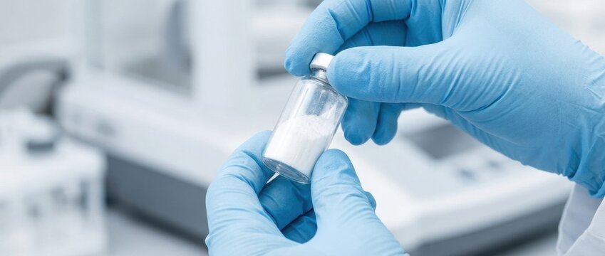 Gloved hands holding a pharmaceutical vial in a laboratory