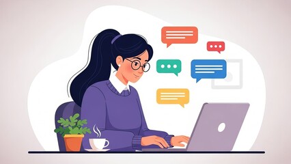 Woman Working on Laptop with Multiple Chat Bubbles and Coffee Cup