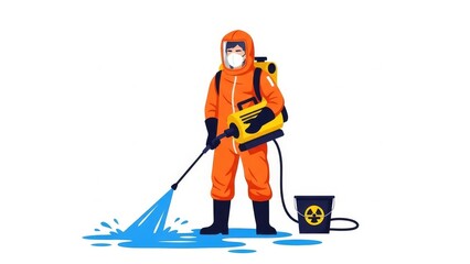 Worker in protective gear uses pressure washer to clean contaminated area