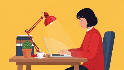 Woman Working on Laptop at Home Office with Coffee and Lamp vector illustration