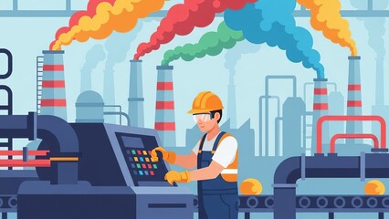Worker operating machinery in industrial factory with smoke stacks and emissions vector illustration