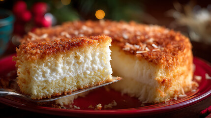 A round coconut cake is displayed on a red plate with a slice removed. The scene shows a cozy holiday setting, with festive decorations and soft lighting in the background.