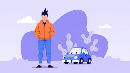 Young Man Standing Beside Blue Car with Smoke Emissions on Purple Background vector illustration