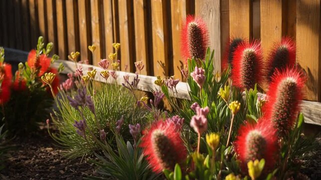 Close-up, slow horizontal slide across a vibrant garden bed featuring native Australian flowers like bottlebrush and kangaroo paws, set against a wooden fence.