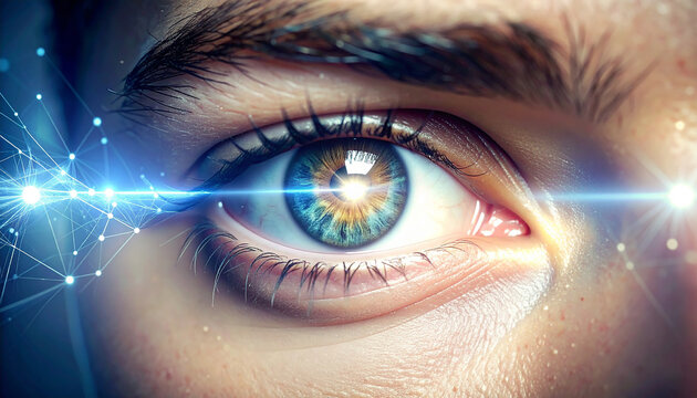 Vivid Gaze: An artistic close-up reveals a mesmerizing human eye, its iris a kaleidoscope of vibrant colors, evoking the depths of perception and introspection.