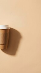Minimalist coffee cup on light brown background perfect for advertising posters and product placement and background elements with soft shadow