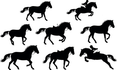 flavector horse riding silhouette set – galloping and jumping horses with active riders in motion