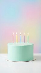 Pastel birthday cake with five colorful candles on a soft rainbow background celebrating a special occasion