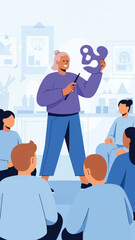 Educator presents an abstract concept to engaged group participants	