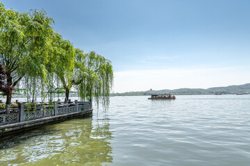 Tourist boats on Xihu lake, West lake, Hangzhou, China