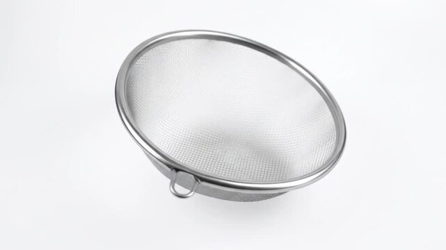 A stainless steel, round kitchen strainer on a white background, angled slightly