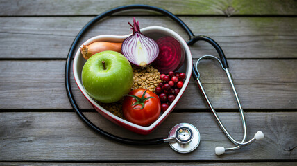 Heart-shaped nutrition: fresh fruits, vegetables, and stethoscope symbolizing healthy eating