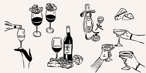 Whimsical line art retro wine party