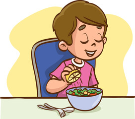 Vector illustration of a child squeezing lemon into their salad.