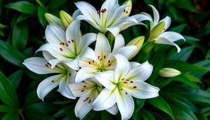 Obraz premium Elegant cluster of pristine white lilies, lush green foliage, arrangement, faith