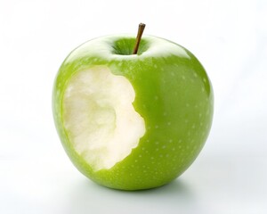 Green apple with a bite showing the white flesh, representing healthy eating, a snack, temptation, and learning. Transparent background