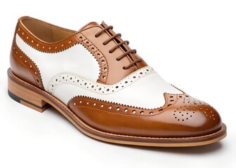 A stylish white and brown two-tone leather brogue shoe, featuring elegant wingtip perforations and classic brown laces. A sophisticated men's footwear design. white background