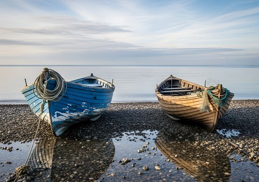 A photograph of two wooden boats moored on a pebble beach against a backdrop of calm seas and light clouds. The soft dusty blue tones and morning light create an atmosphere of perfect tranquility. - Powered by Adobe