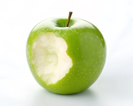 Green apple with a bite showing the white flesh, representing healthy eating, a snack, temptation, and learning. Transparent background