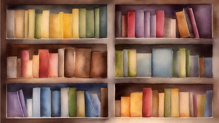 Inviting watercolor bookshelf illustration perfect for cozy reading nooks and study spaces
