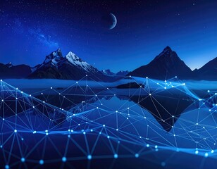 Nightscape Mountains, moon, digital network overlay
