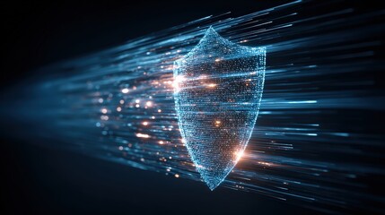 A digital shield icon with glowing lines, representing cybersecurity and data protection in a dynamic, high-tech visual style.