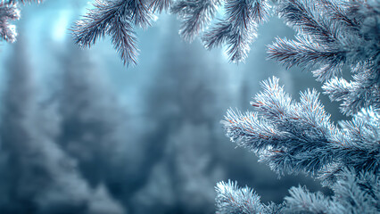 A winter forest backdrop, blue-white morning frost coating every pine needle, soft natural backlight filtering through the dense trees, a soft icy mist drifting close to the ground.