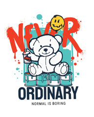Playful vector art of a graffiti teddy bear with paint cans, expressing creativity and urban culture, ideal for t-shirt prints, posters and online designs.