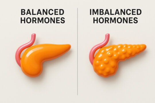 Medical infographic showing pancreas model comparison between balanced and imbalanced hormone. visual concept of endocrinology for health and disease awareness