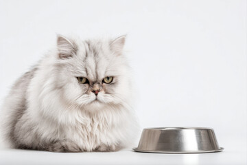Fototapeta premium A Persian fluffy cat next to an empty bowl asks for food on a white background