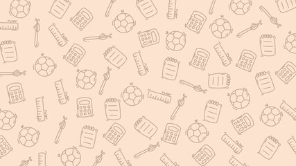 Pattern school. Scattered school supplies and sports equipment drawings. Suitable for educational, sports, or officerelated design projects and backtoschool promotions.