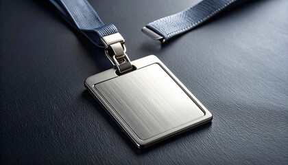 Identity Badge Close-up: A sleek, metallic identity badge, attached to a lanyard, rests on a textured surface, showcasing its professional and secure design.