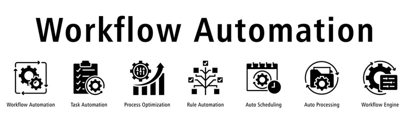 Workflow Automation banner with icons of Workflow Automation, Task Automation, Process Optimization, Rule Automation, Auto Scheduling, Auto Processing, and Workflow Engine.