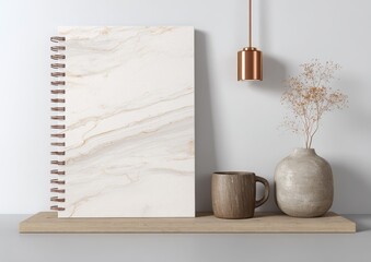 Vibrant photo of Marble pattern spiral notebook, wooden mug, and dried flowers on a shelf with a white wall background