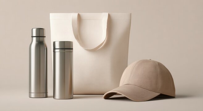 Vibrant photo of Set of promotional items with two metal water bottles, a canvas tote bag, and a baseball cap on a beige background