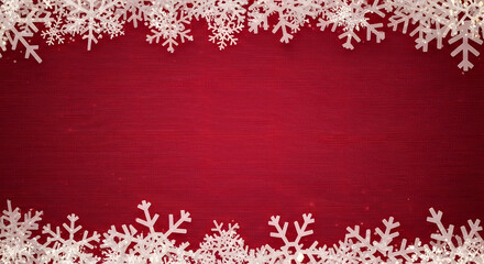 Simple textured red holiday background template adorned with minimalist white cartoon snowflakes forming clean borders top and bottom