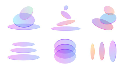 Abstract set of clear balance cairn glass stones or zen pebble icons. transparent stacked shapes design element. light 3d gradient holographic circles and ovals.