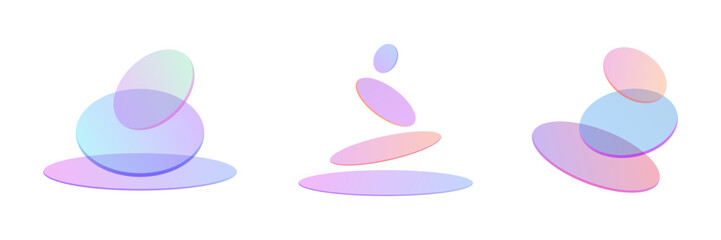 Abstract three sets of clear balance cairn glass stones or zen pebble icons. transparent stacked shapes design element. light 3d gradient holographic circles and ovals.