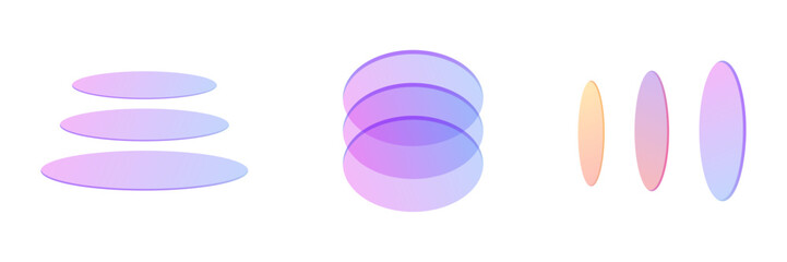 Abstract set of stacked flat oval glass shapes and round shapes and vertical ovals. transparent 3d gradient holographic design elements.