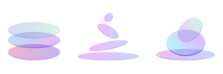 Abstract set of three clear balance cairn glass stones or zen pebble icons. transparent stacked shapes design element. light 3d gradient holographic circles and ovals.