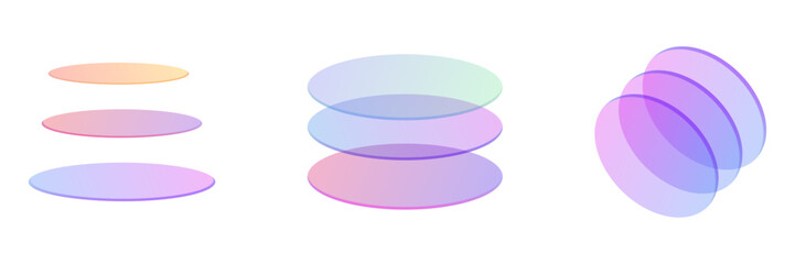 3d holographic layered circles. Set of floating transparent oval shapes. Rounded gradient glass elements. Layer elements are presented in flat, stacked, rotated, and overlapping arrangements..