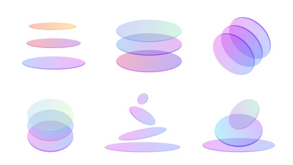 Collection of abstract transparent oval shapes featuring soft gradient colors. Elements are arranged in stacks, balanced forms, and overlapping compositions, offering versatile design assets.