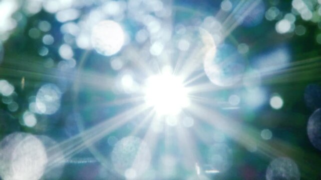 夏の太陽の暑く強い日差し　木々の葉から差し込むさわやかな木漏れ日の光とキラキラの輝く明るい丸ボケと光芒　アウトドア・季節・夏休み・日焼け・バカンス・旅行・洗濯のイメージ背景