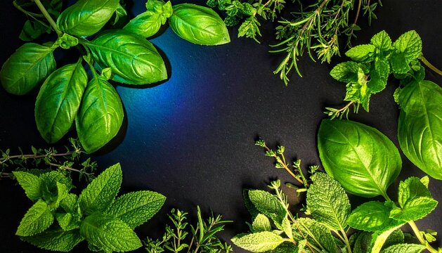 fresh basil leaves on a black background