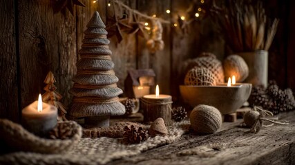 A wooden table with a Christmas tree, candles. Candlelit christmas tree style, rustic holiday scene with a candlelit tree, natural materials, gentle flickering light, cozy handcrafted feeling - Powered by Adobe